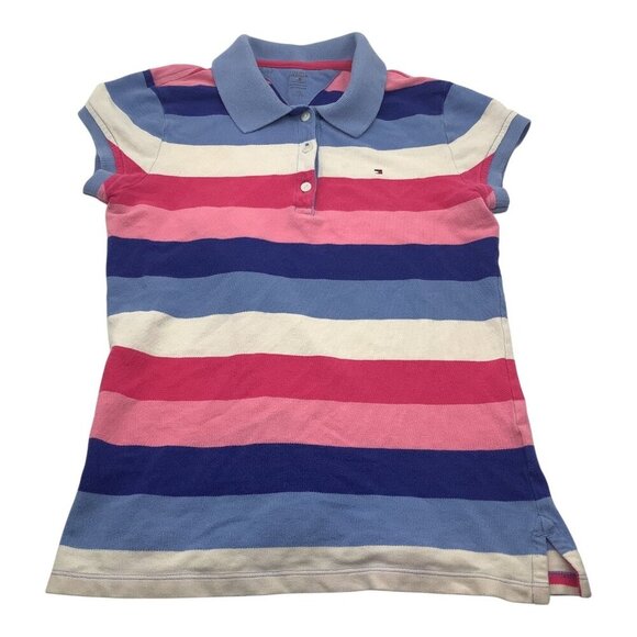 Tommy Hilfiger Girls Striped Polo Shirt L 12/14 Collared Short Sleeve Multicolor - Picture 1 of 10